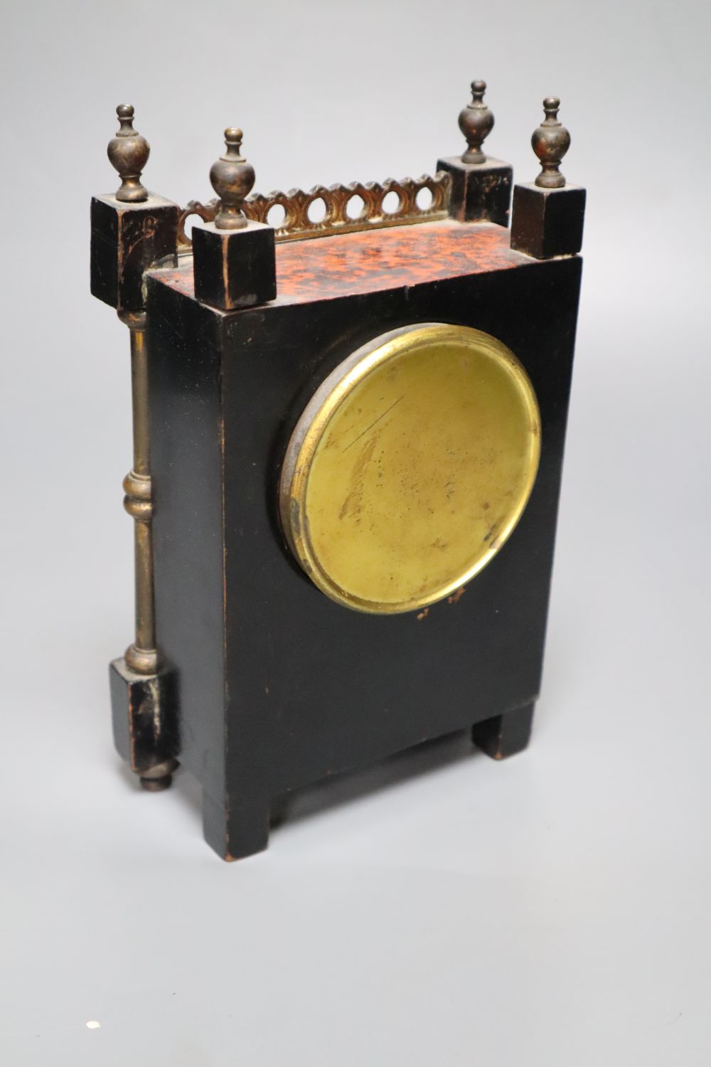 A small 19th century French timepiece, of rectangular form with ebonised and boulle work case and gilt brass mounts, integral key, heig